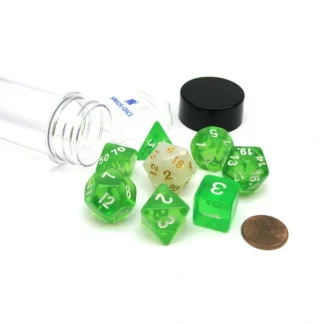 Tube of 7 Polyhedral RPG Sirius Dice with Bonus D20 - Translucent Green Resin - Your Source for Gaming Essentials Cheap