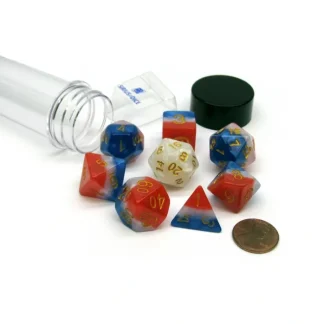 Tube of 7 Sirius Dice + Bonus D20 - Red, White, and Blue Semi-Transparent Resin - Your Source for Gaming Essentials Flash Sale