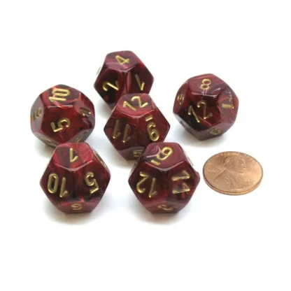 Vortex 18mm 12 Sided D12 Chessex Dice, 6 Pieces - Burgundy with Gold - Your Source for Gaming Essentials Cheap