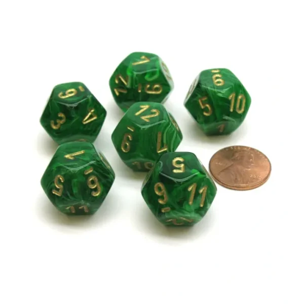 Vortex 18mm 12 Sided D12 Chessex Dice, 6 Pieces - Green with Gold - Your Source for Gaming Essentials Discount