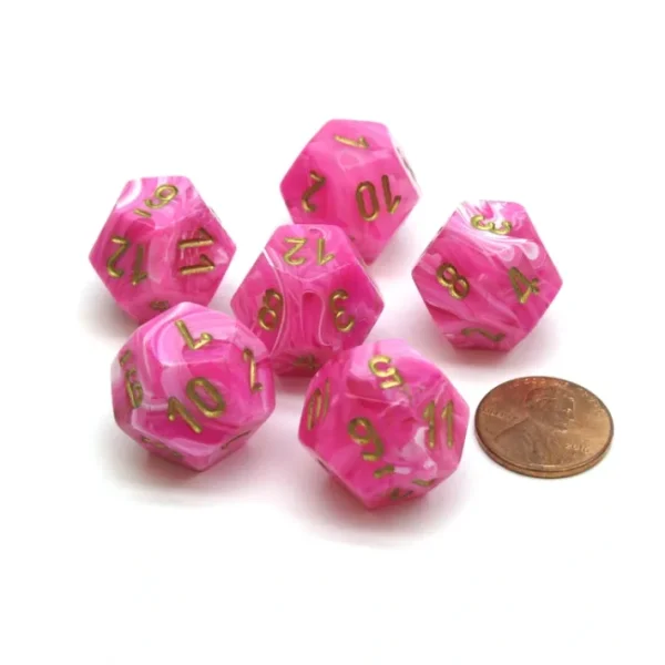 Vortex 18mm 12 Sided D12 Chessex Dice, 6 Pieces - Pink with Gold - Your Source for Gaming Essentials Cheap