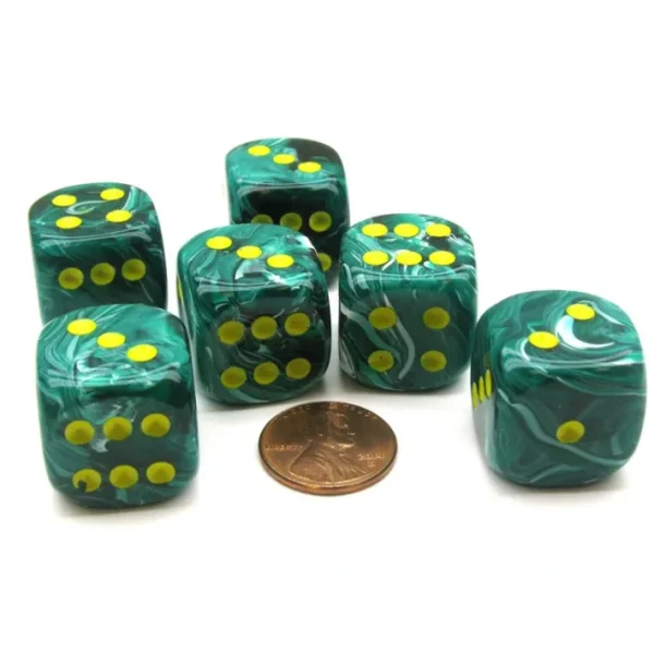 Vortex 20mm Big D6 Chessex Dice, 6 Pieces - Malachite Green with Yellow Pips - Your Source for Gaming Essentials New