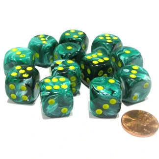 Vortex 16mm D6 Chessex Dice Block (12 Dice) - Malachite Green with Yellow - Your Source for Gaming Essentials Cheap