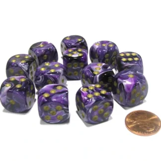 Vortex 16mm D6 Chessex Dice Block (12 Dice) - Purple with Gold Pips - Your Source for Gaming Essentials Cheap