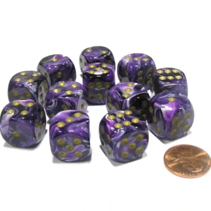 Vortex 16mm D6 Chessex Dice Block (12 Dice) - Purple with Gold Pips - Your Source for Gaming Essentials Cheap