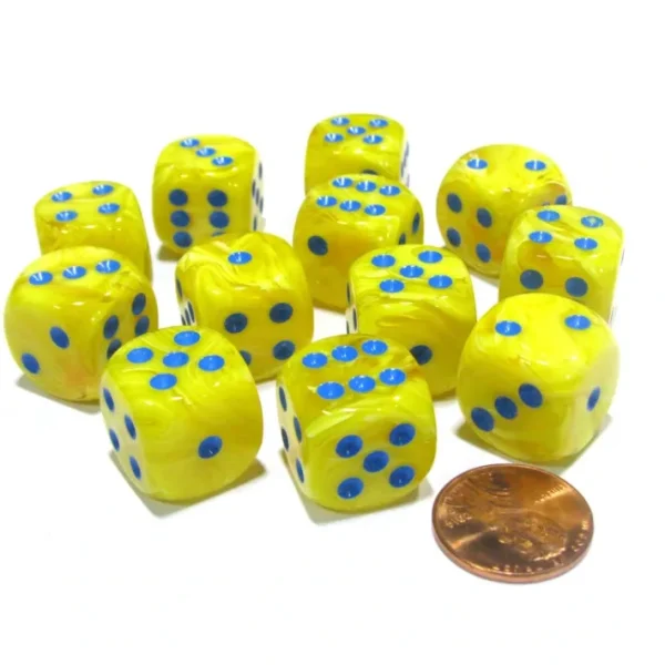 Vortex 16mm D6 Chessex Dice Block (12 Dice) - Yellow with Blue Pips - Your Source for Gaming Essentials Clearance