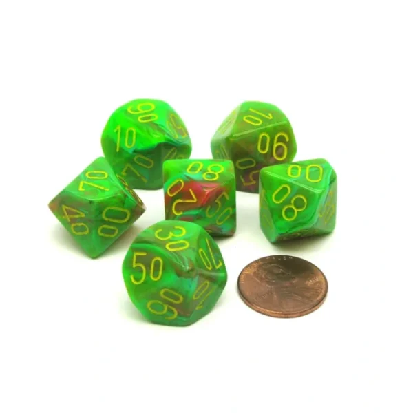 Vortex 16mm Tens D10 (00-90) Chessex Dice, 6 Pieces - Slime with Yellow Numbers - Your Source for Gaming Essentials New