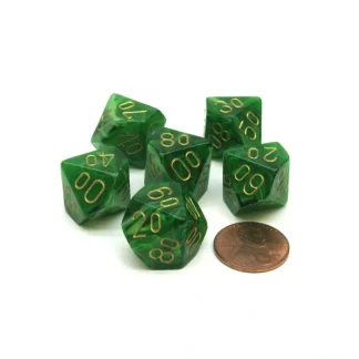 Vortex 16mm Tens D10 (00-90) Chessex Dice, 6 Pieces - Green with Gold Numbers - Your Source for Gaming Essentials Fashion