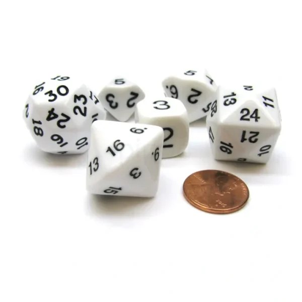 Who Knew Dice Set, 6 Pack of Unique D3, D5, D7, D16, D24, D30 Dice - White - Your Source for Gaming Essentials Flash Sale